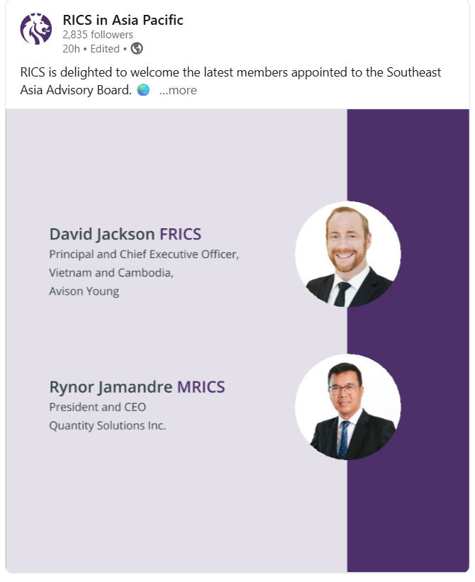 QSI President and CEO Rynor Jamandre has been appointed as a member of the Southeast Asia Advisory Board of RICS in Asia Pacific.