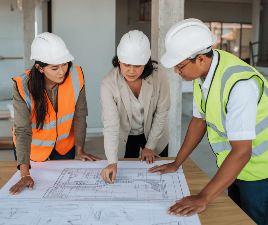 Construction project management team in the Philippines discussing cost control strategies on site