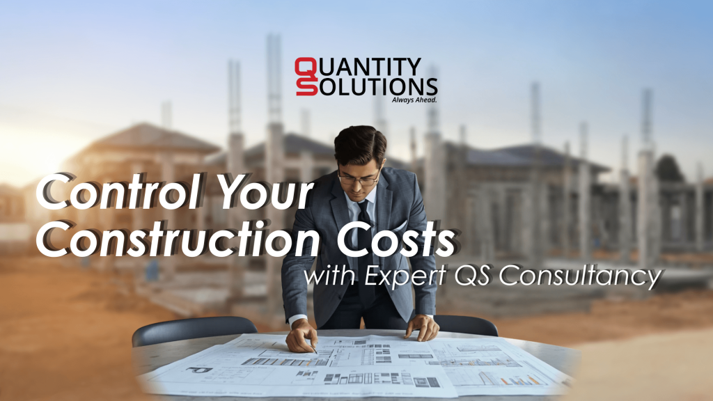 QS professional reviewing a cost plan or BOQ document at a construction site — blueprints on the table, a building structure visible in the background.