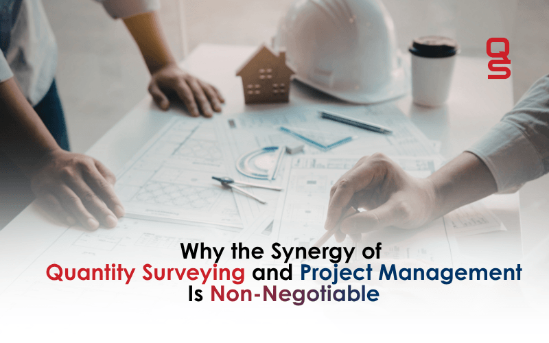 Quantity surveyor and project manager collaborating on cost forecasting and risk planning for a construction project